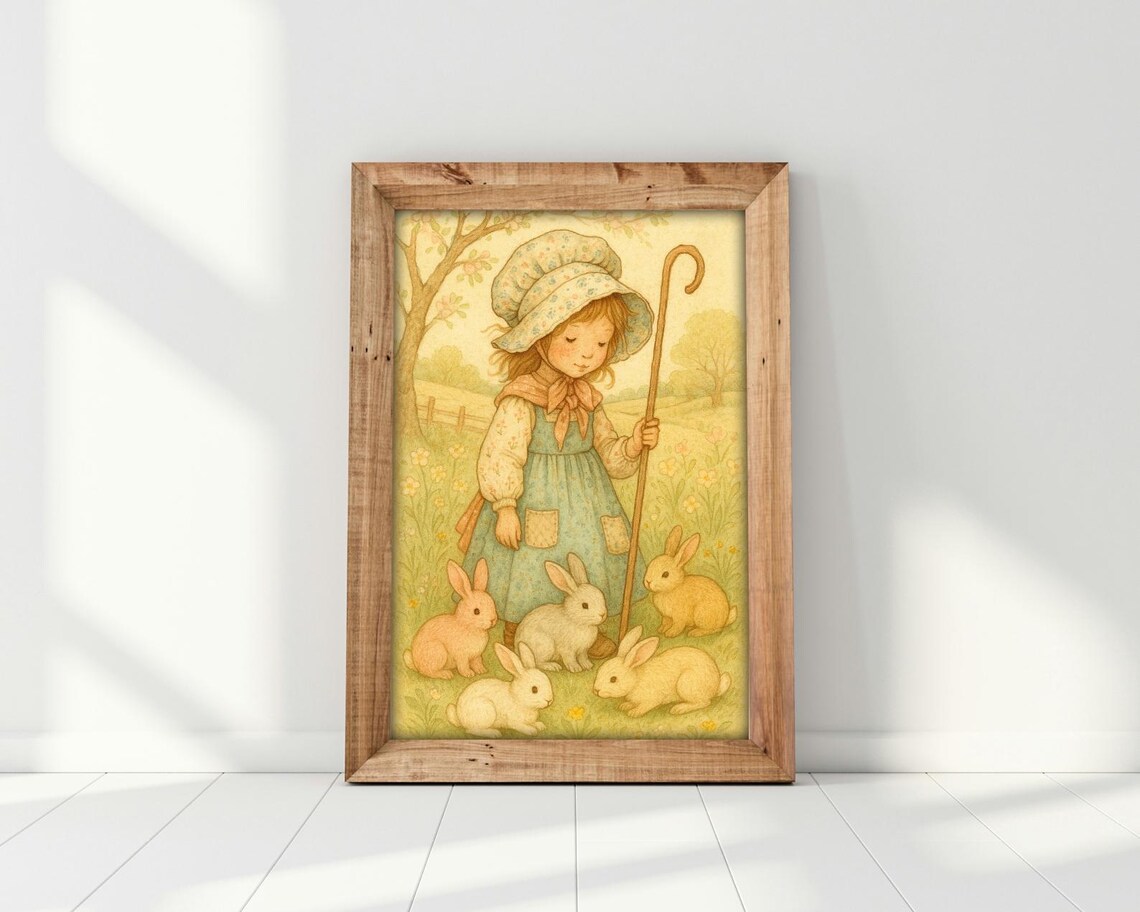 Vintage Girl And Bunnies, Whimsical Nursery Art - Image 3