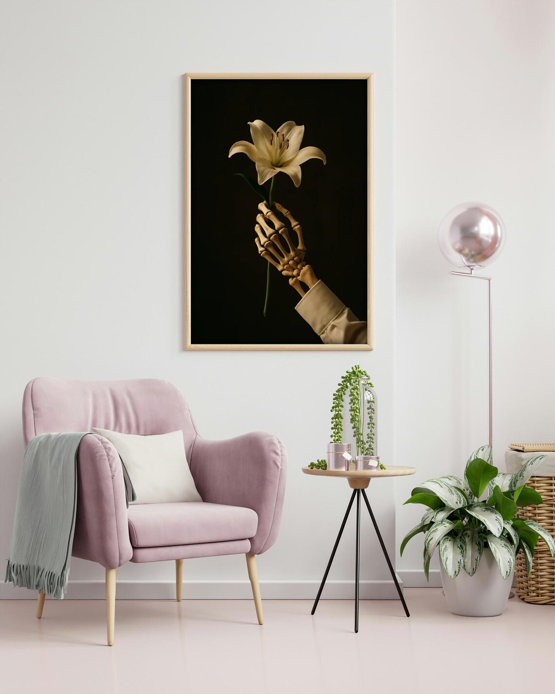 Skeleton Hand Holding Lily, Dark Floral Surreal Art Print - Image 3