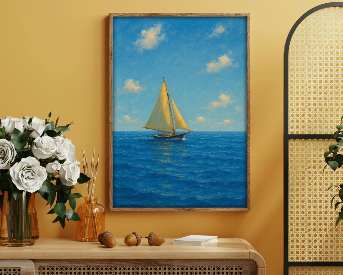 Peaceful Sailboat On The Open Sea, Nautical Art Print