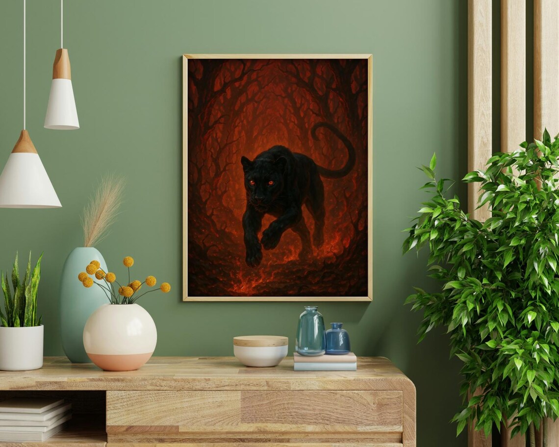 Fierce Panther in Fiery Forest, Dark Fantasy Art - Image 3
