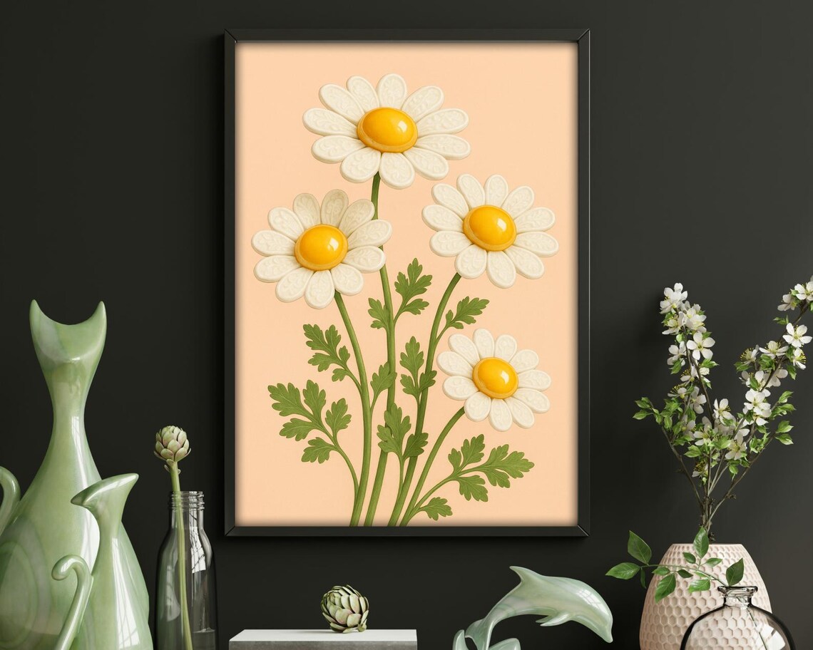 Surreal Daisy Egg Flowers, Whimsical Kitchen Art - Image 4