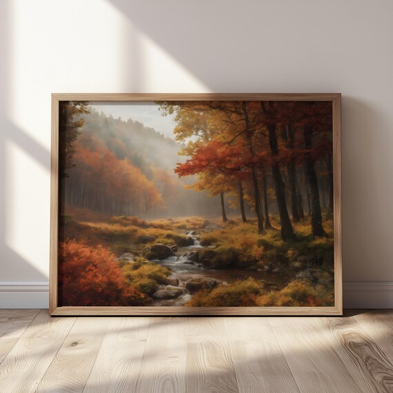 Misty Autumn Forest Stream Fall Foliage Waterfall Art Poster