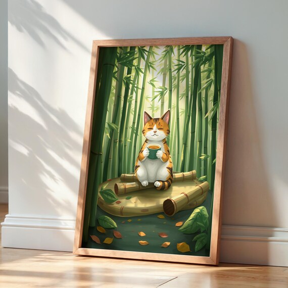 Zen Cat in Bamboo Forest Poster Cute Tabby Drinking Tea Peaceful Animal Art