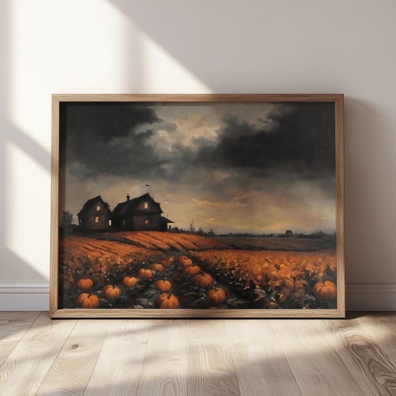 Moody Halloween Pumpkin Field Wall Art Vintage Haunted House Landscape Spooky Autumn Farm Painting Dark Fall Decor Gothic Rustic