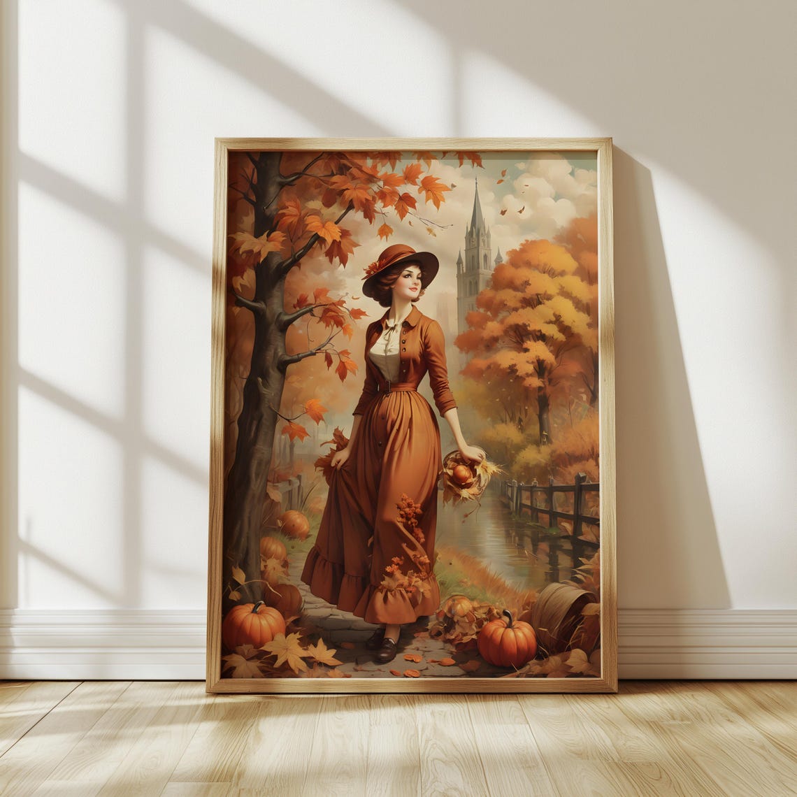 Woman In Autumn Forest Holding Pumpkins Wall Art Print Vintage Fall Fashion Poster With Pumpkin Harvest Vibe Seasonal Decor