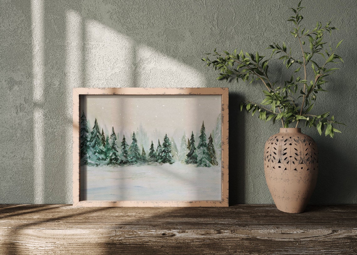 Snowy Pine Forest Winter Landscape Falling Snow Watercolor Art Print - Image 2