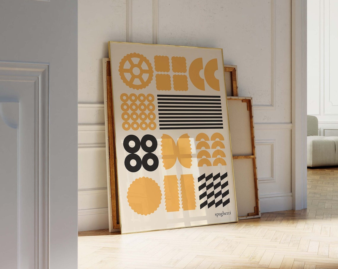 Mustard Yellow Pasta Shapes Chart Retro Italian Kitchen Poster Art
