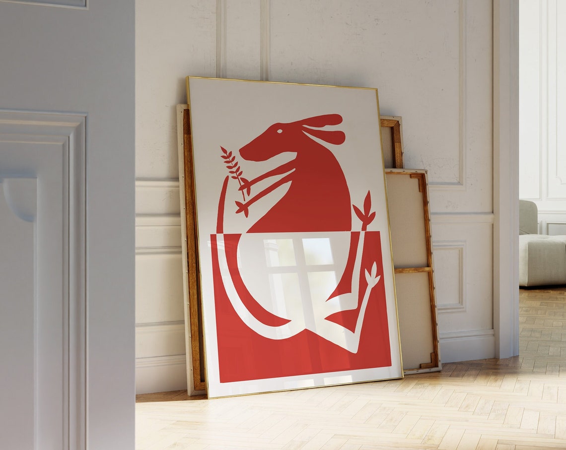 Red Hare Linocut Style Folk Art Print Bold Animal Illustration Decor - Image 3