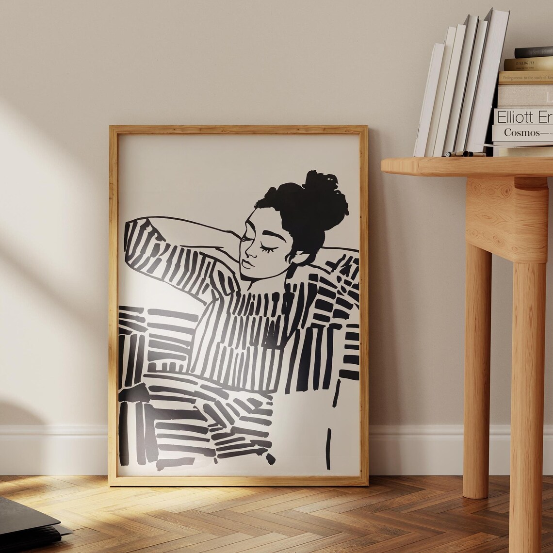 Resting Woman in Black and White Stripes Ink Illustration Poster