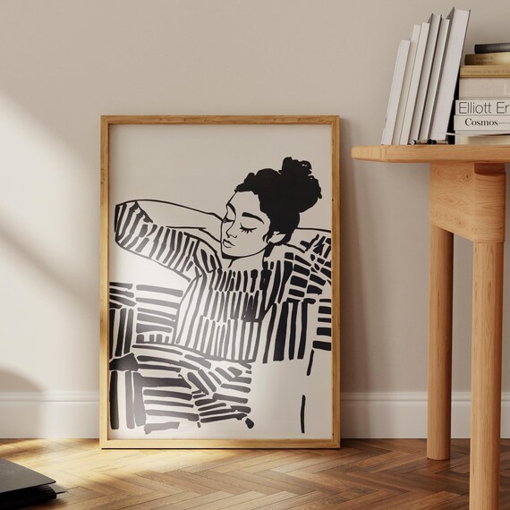 Resting Woman in Black and White Stripes Ink Illustration Poster