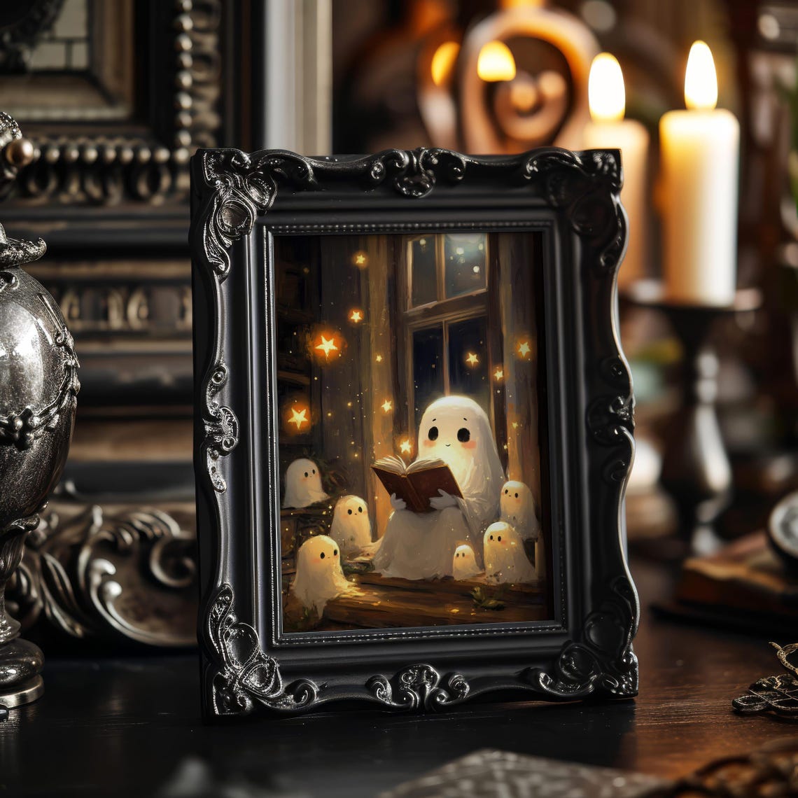 Cute Ghosts Reading a Book Together by the Window Halloween Poster - Image 4