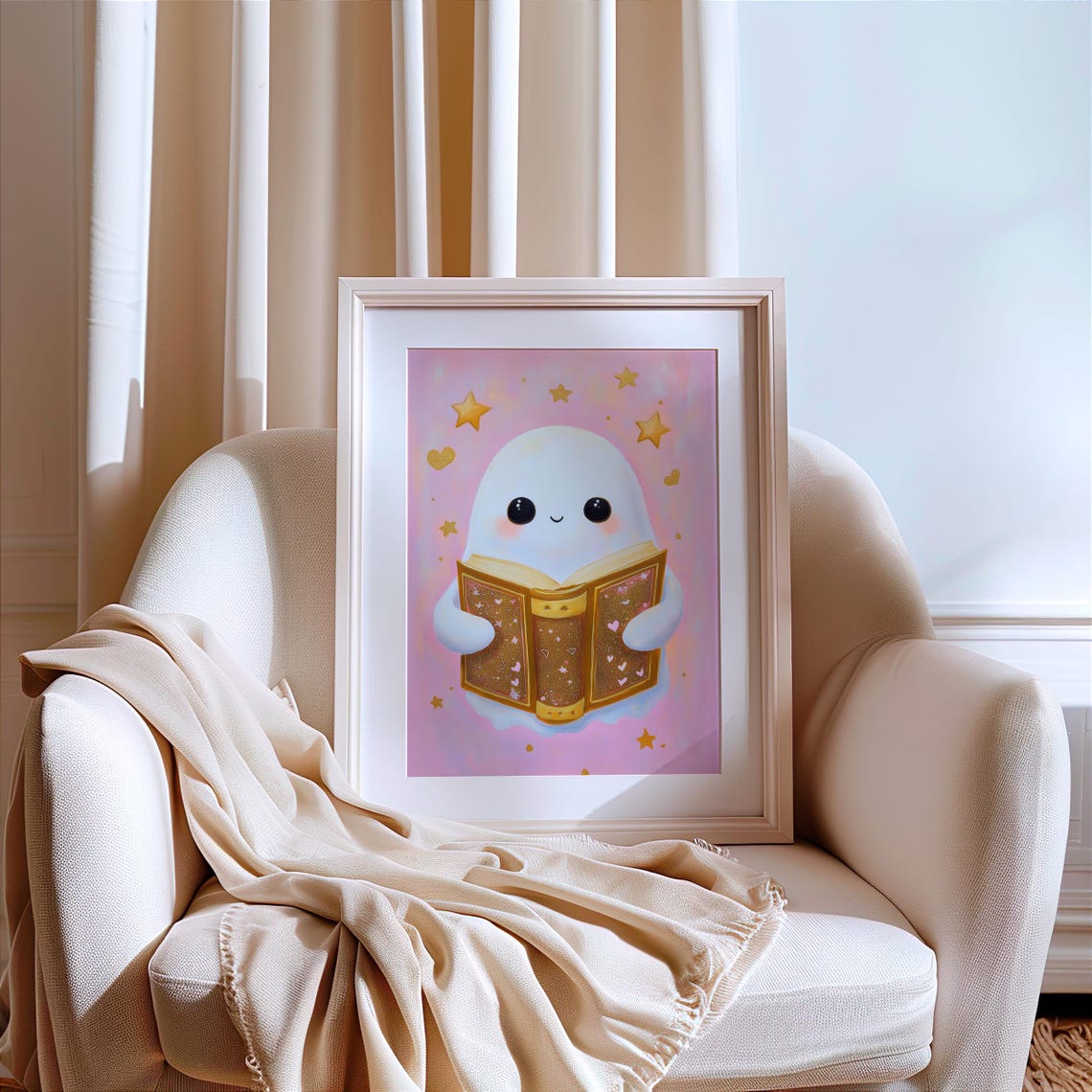 Cute Ghost Reading Golden Book Pink Halloween Bookish Poster - Image 4