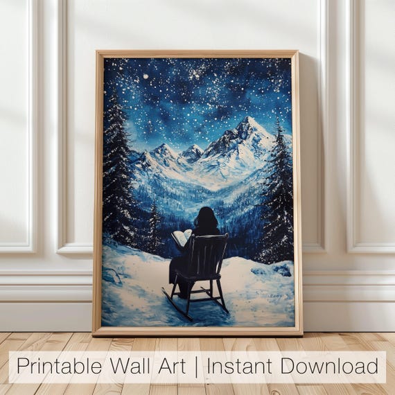 Winter Night Starry Sky Book Reader Wall Art Mountain Landscape Printable Winter Reading Nook Art Book Lover Print
