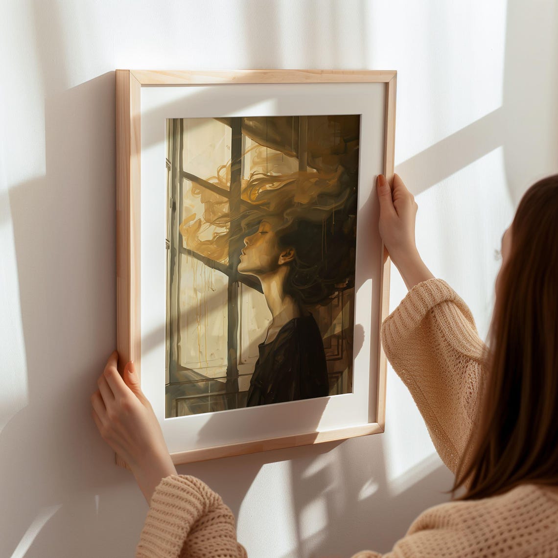 Dreamy Woman Golden Windblown Hair Window Portrait Art Poster - Image 8