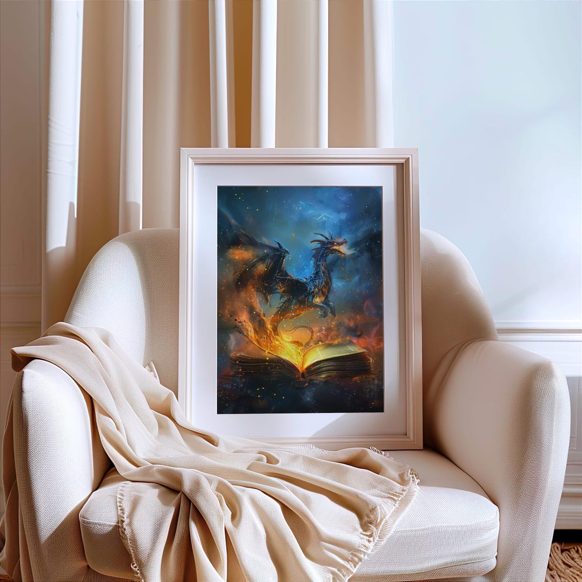 Fiery Dragon Emerging from Burning Open Book Fantasy Magic Art Poster - Image 3