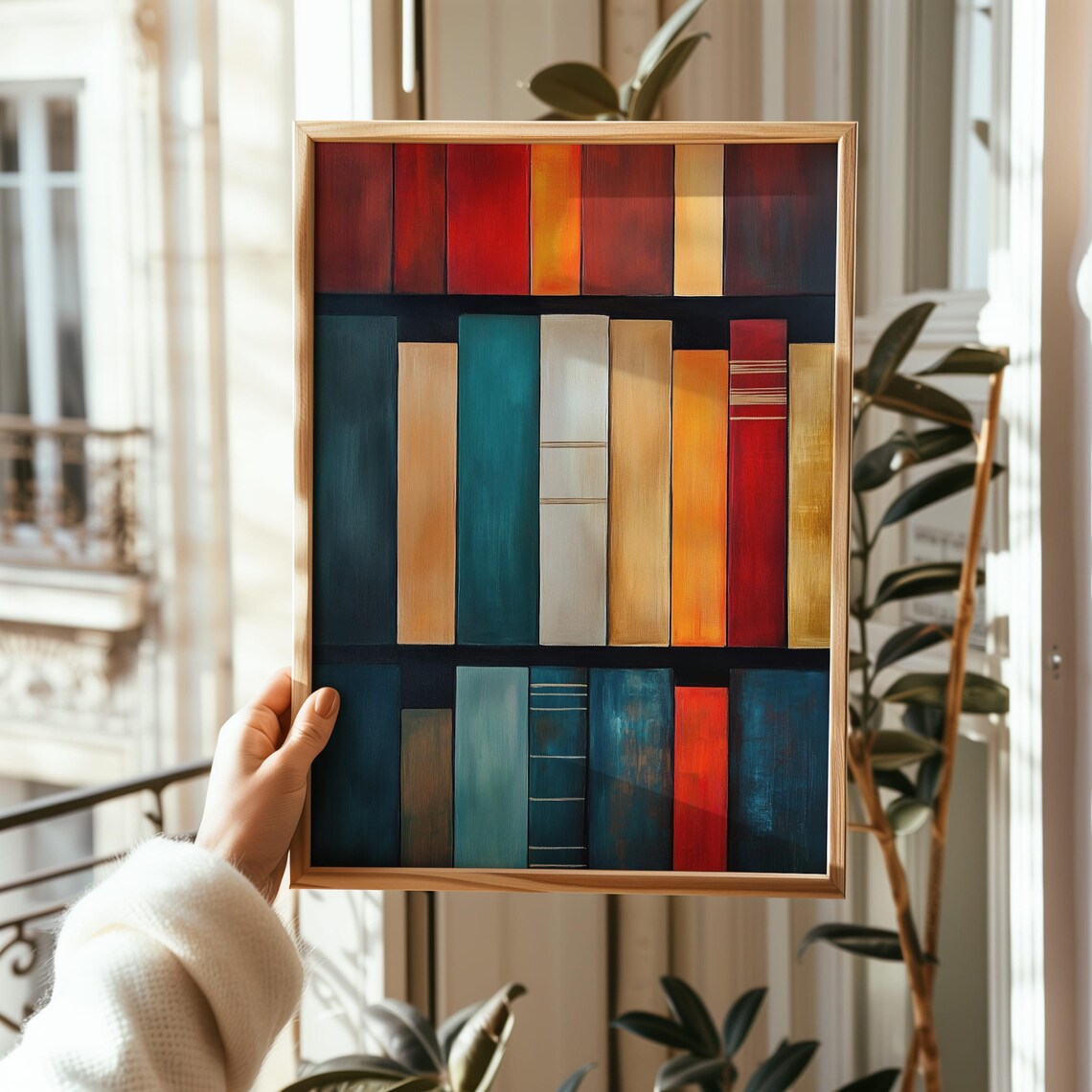 Abstract Colorful Bookshelf Oil Painting Teal Red Book Spines Poster - Image 2