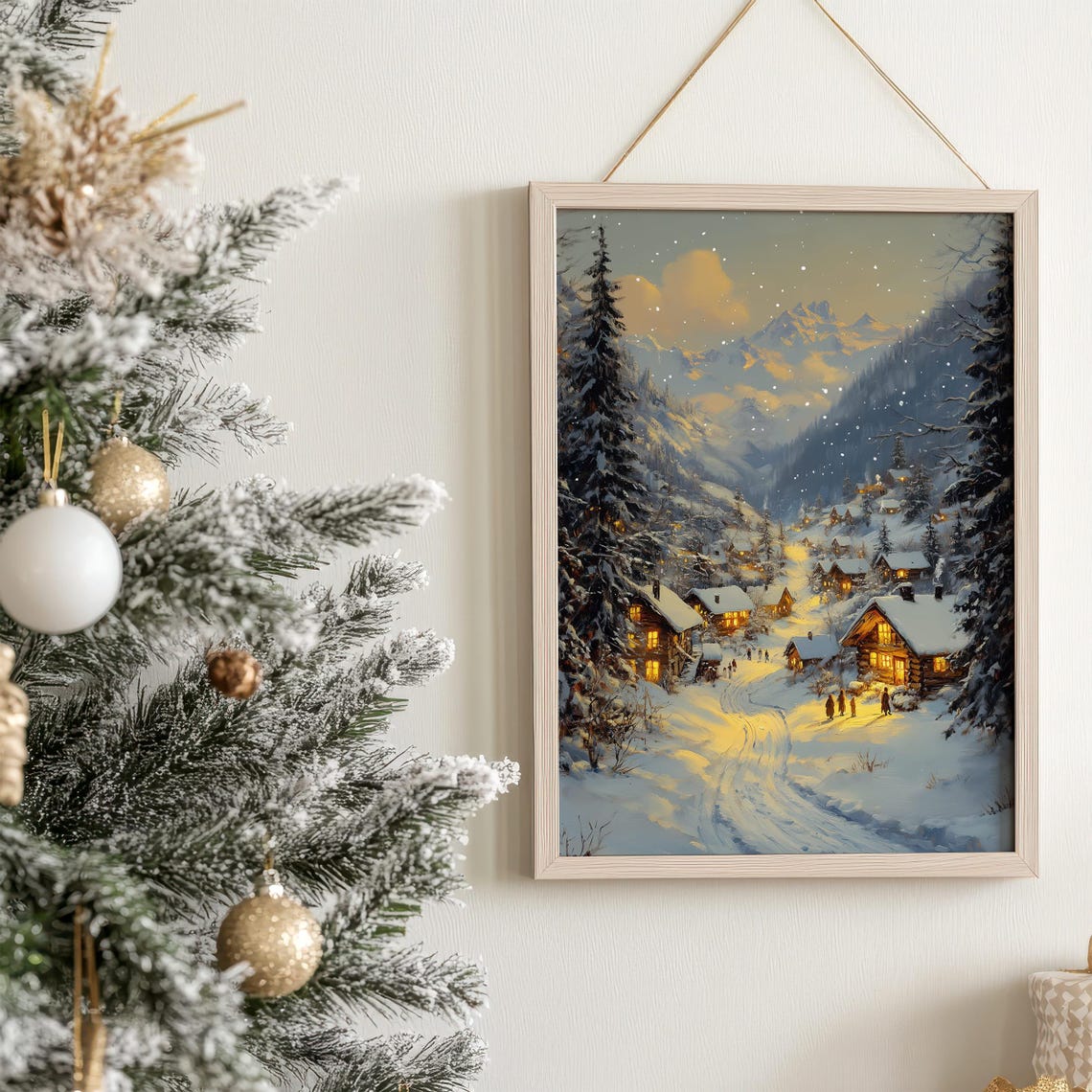 Snowy Village at Dusk with Glowing Cabins Winter Mountain Scene Poster - Image 7