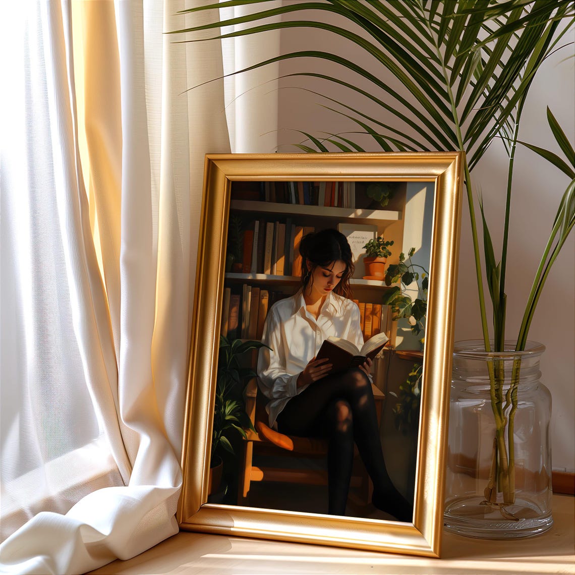 Woman Absorbed In A Book In Sunlit Home Library Corner Poster - Image 4
