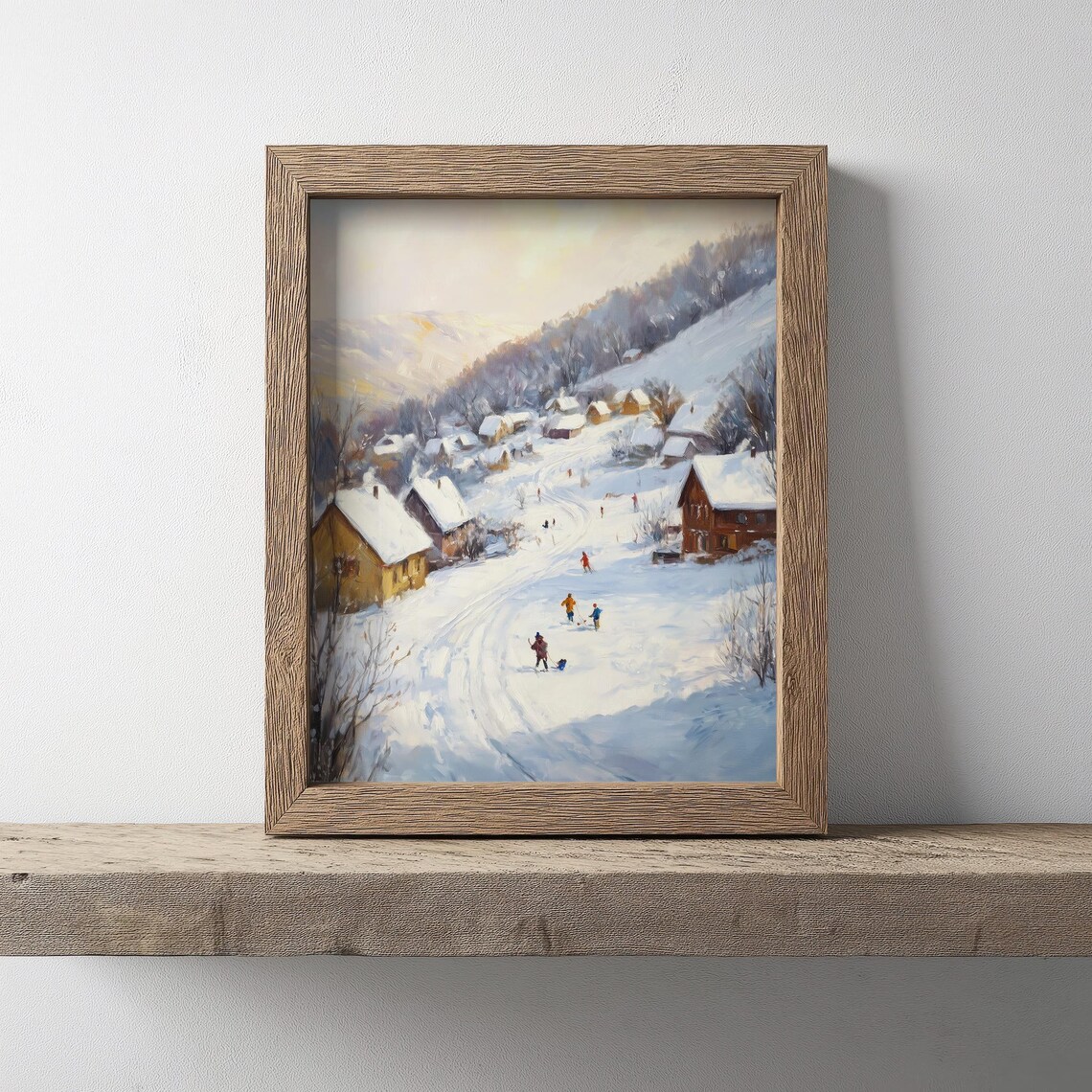 Vintage Winter Village Scene Children Sledding in Snow Poster - Image 2