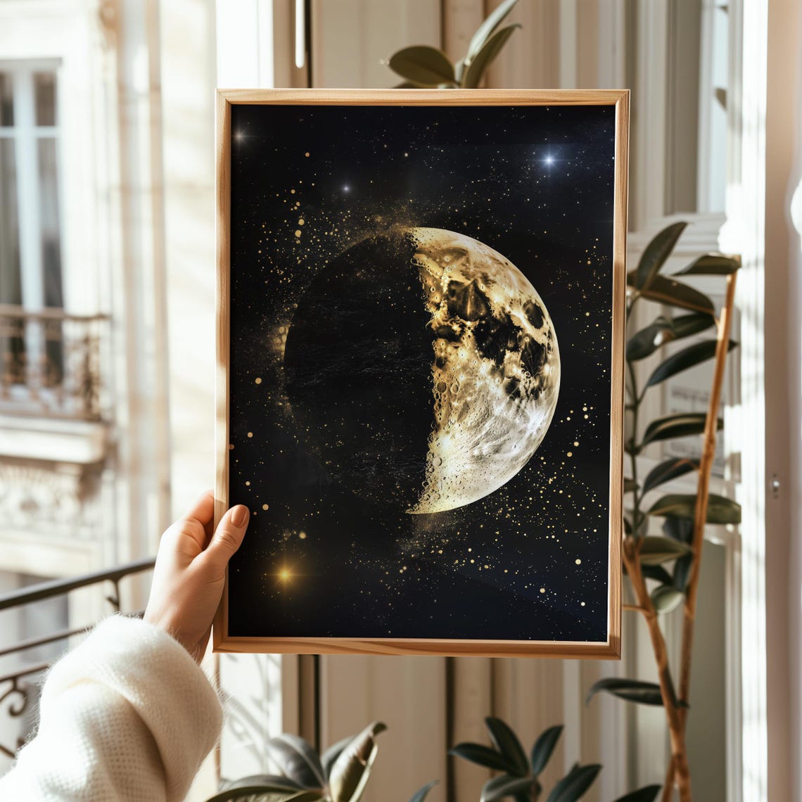 Golden Half Moon in Black Starry Sky with Celestial Gold Dust Poster - Image 2