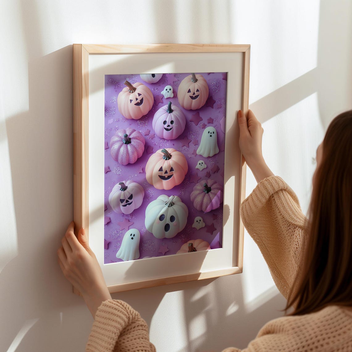 Pastel Purple Pumpkins Tiny Ghosts Halloween Flat Lay Style Wall Art - Image 6