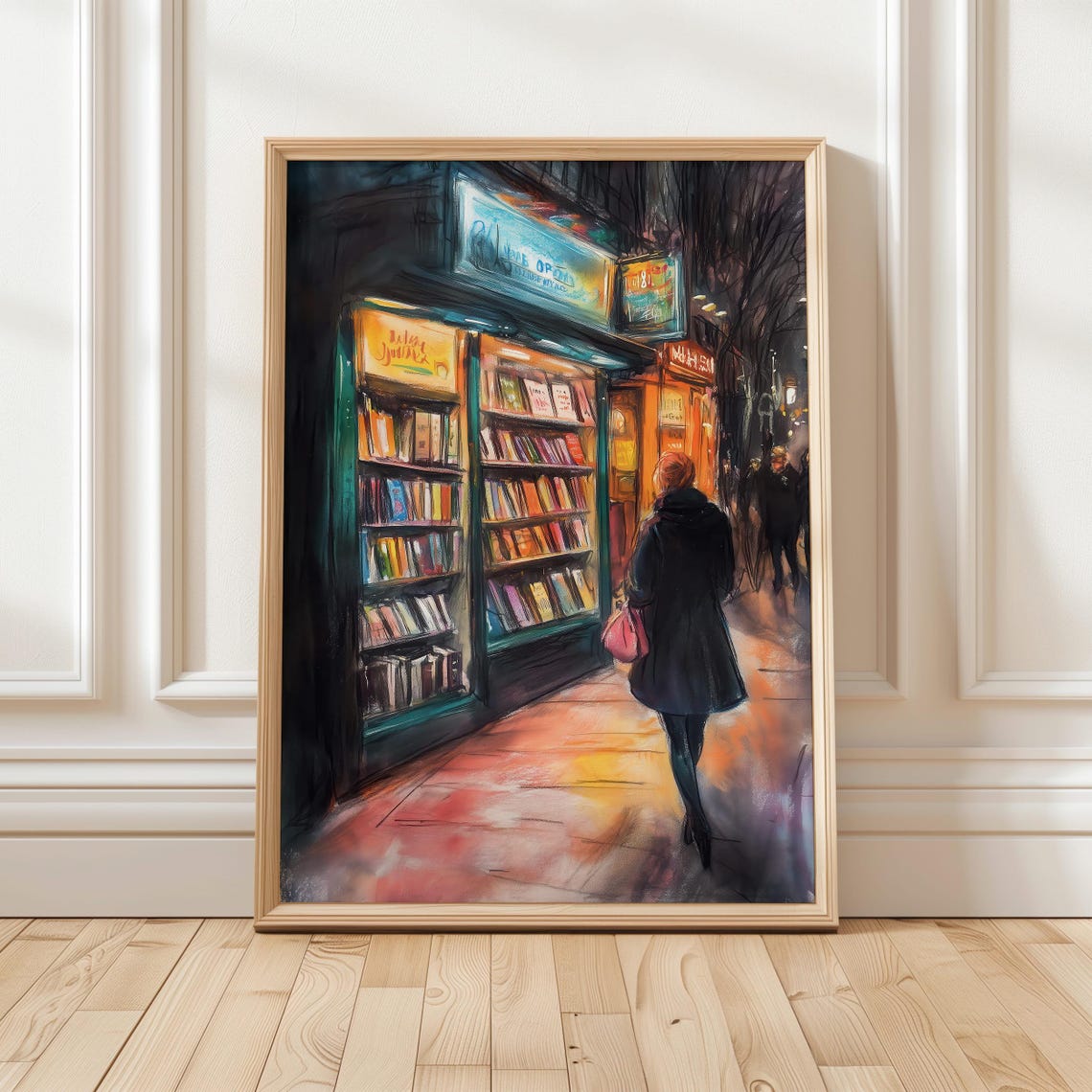 Autumn Night Bookshop Glowing Bookstore Street Scene Art Poster