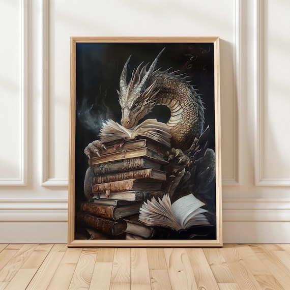 Fantasy Dragon Book Art Print, Mythical Library Decor