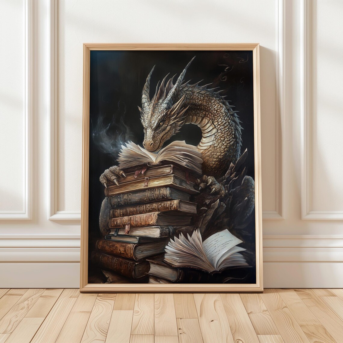 Fantasy Dragon Book Art Print, Mythical Library Decor