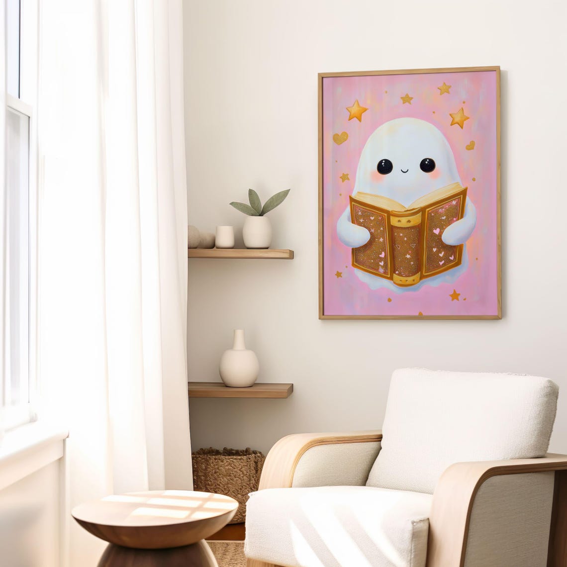 Cute Ghost Reading Golden Book Pink Halloween Bookish Poster - Image 5