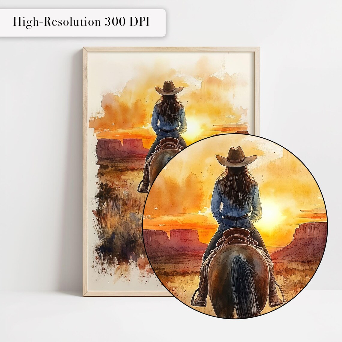 Cowgirl Riding Horse Into Sunset Desert Landscape Watercolor Poster - Image 4