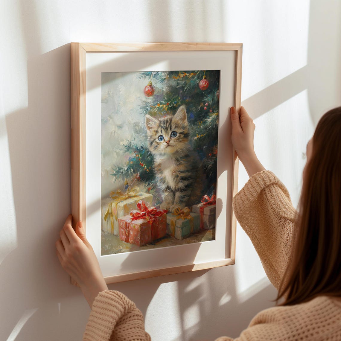 Cute Blue-Eyed Tabby Kitten by a Christmas Tree With Presents Poster - Image 4