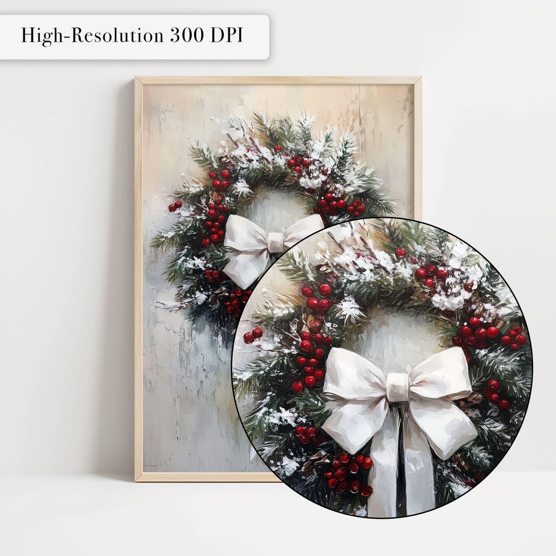 Vintage Christmas Wreath White Bow Rustic Holiday Art Poster - Image 4