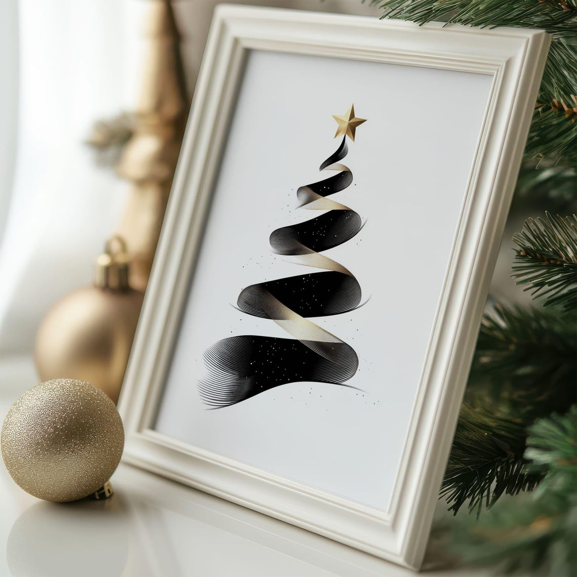 Minimalist Black and Gold Christmas Tree Star Modern Holiday Poster - Image 2