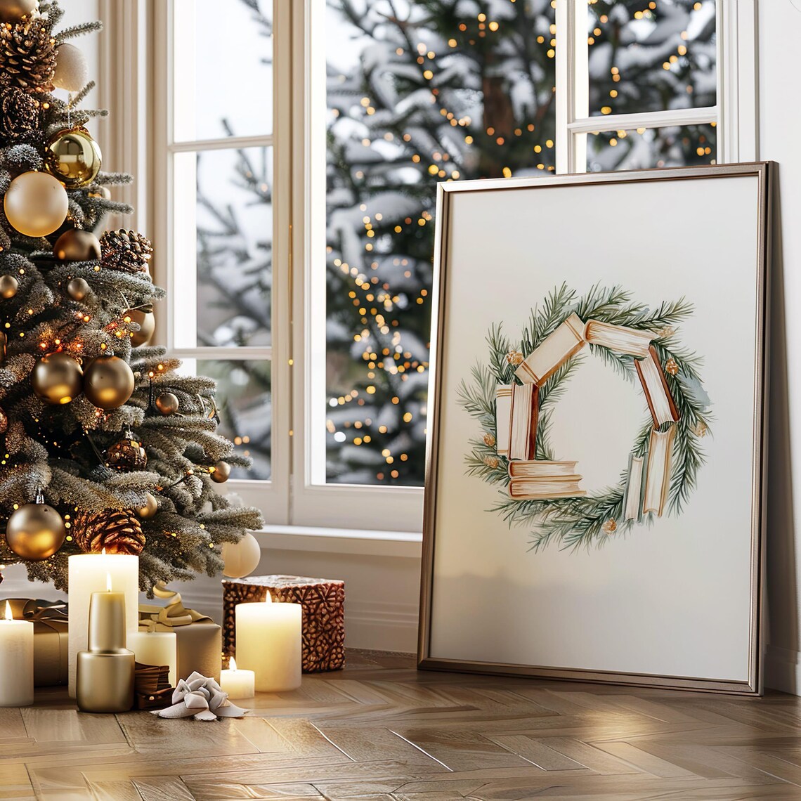 Watercolor Christmas Wreath of Books Pine Branches Holiday Poster - Image 5