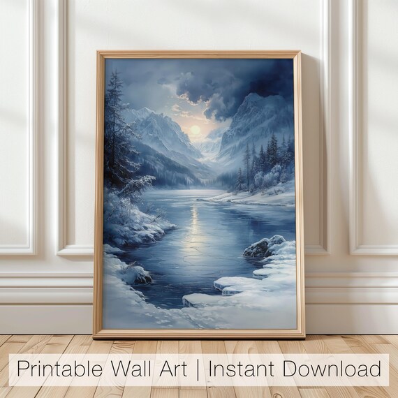 Winter Mountain Landscape Art Print Nature Wall Decor Snowy Sunset Art Frozen Lake Printable Mountain Wall Art For Home Decor