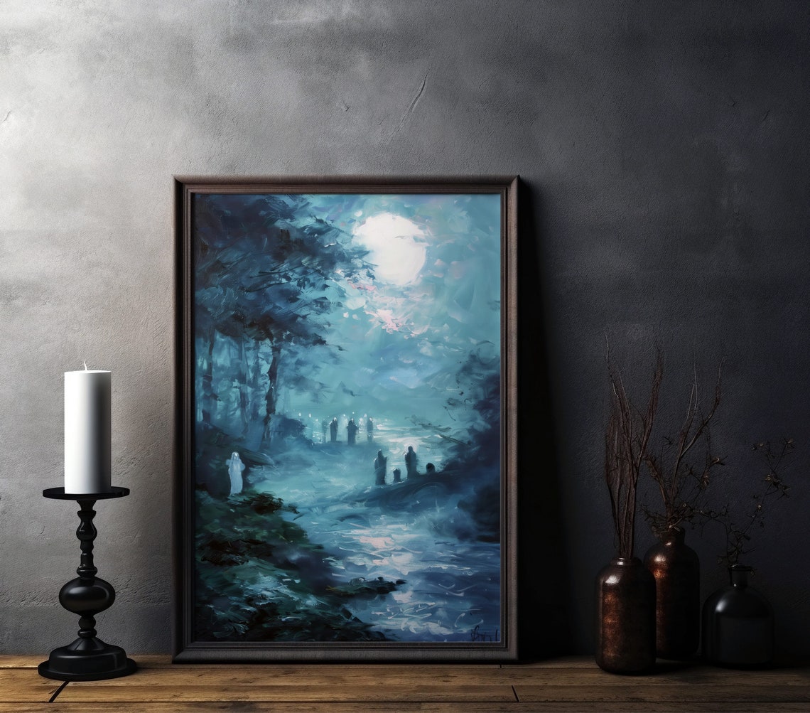 Moonlit Forest With Ghostly Figures Spooky Teal Gothic Art Poster - Image 5