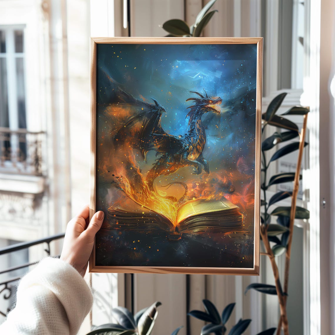 Fiery Dragon Emerging from Burning Open Book Fantasy Magic Art Poster - Image 2