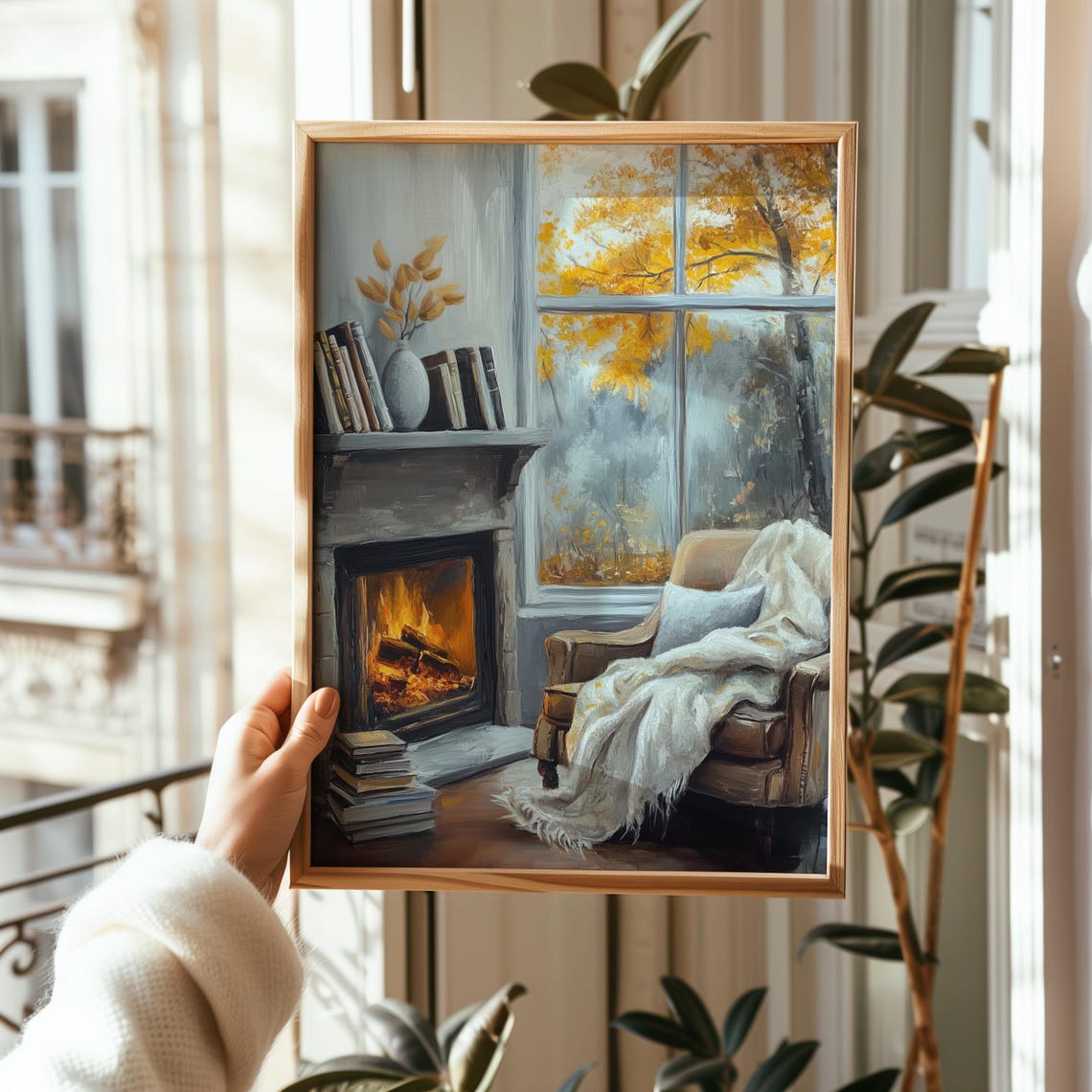 Cozy Fireplace Reading Corner With Autumn Window View Poster - Image 7