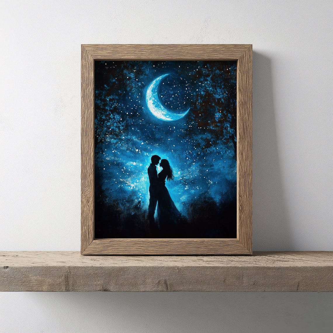 Romantic Couple Silhouette Under Crescent Moon Starry Poster - Image 2