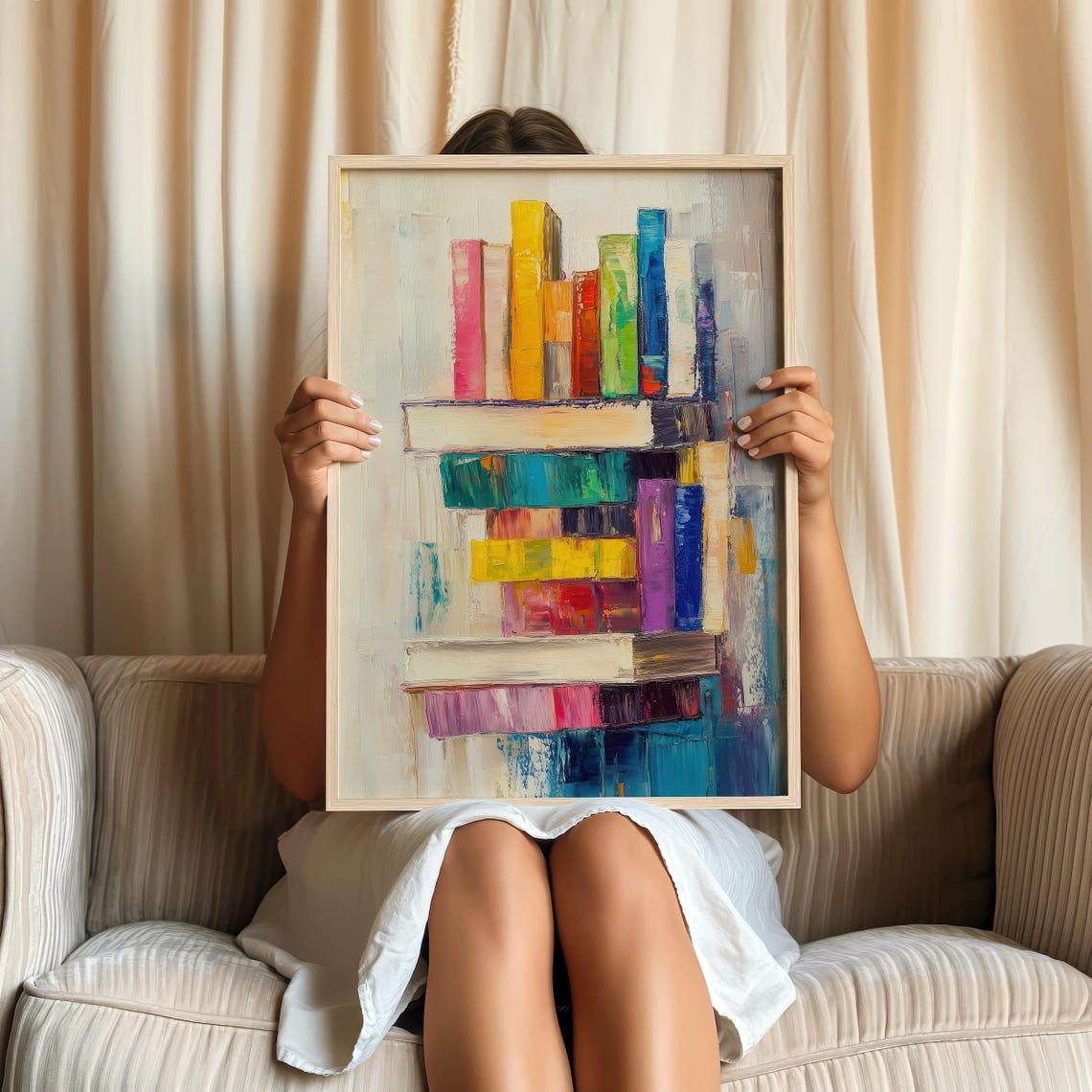 Rainbow Book Stack Abstract Oil Painting Bright Modern Art Poster - Image 3