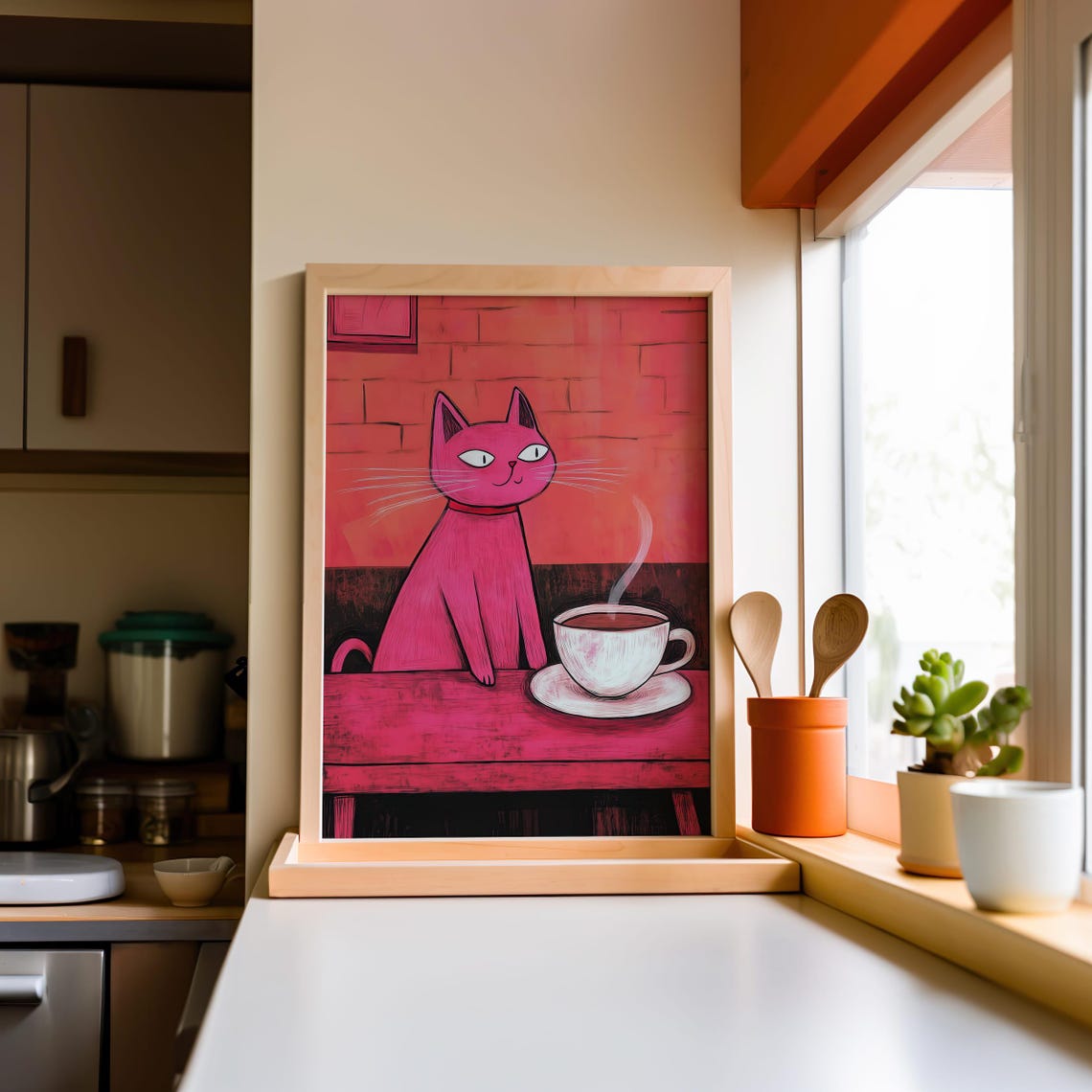 Pink Cat With Coffee Cup Whimsical Kitchen Cafe Decor Poster - Image 5