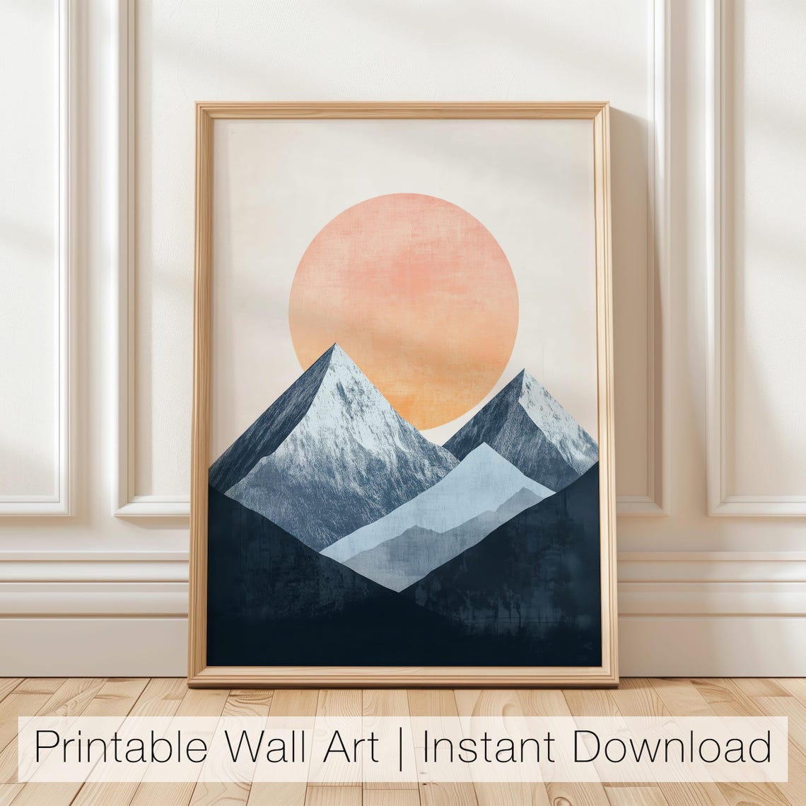 Minimalist Snowy Blue Mountain Peaks With Big Peach Sun Poster