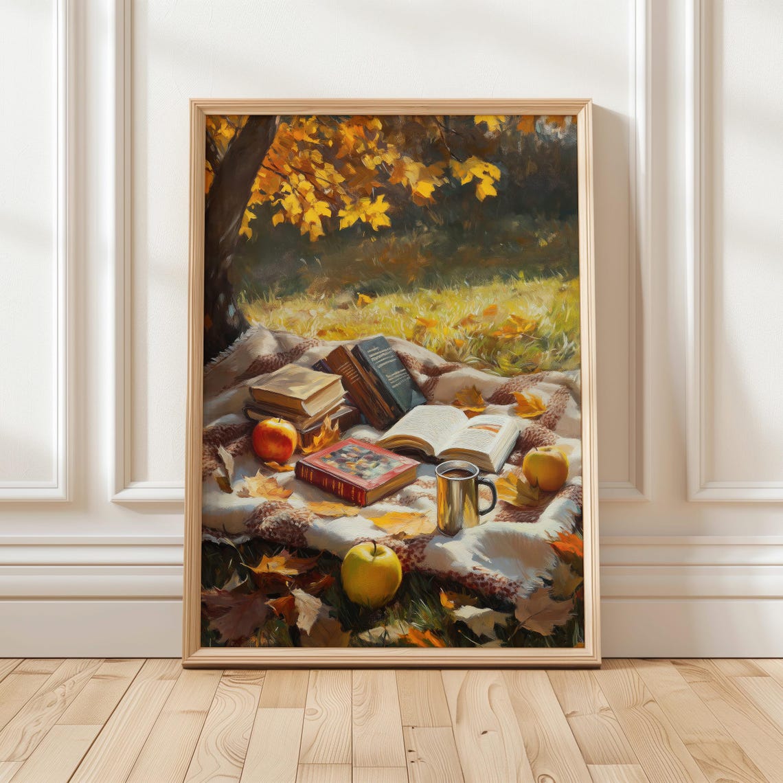 Autumn Book Picnic Under Golden Maple Tree Fall Reading Poster