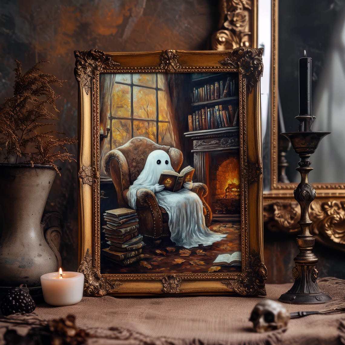 Cute Ghost Reading in Armchair by Fireplace Halloween Art Poster - Image 7