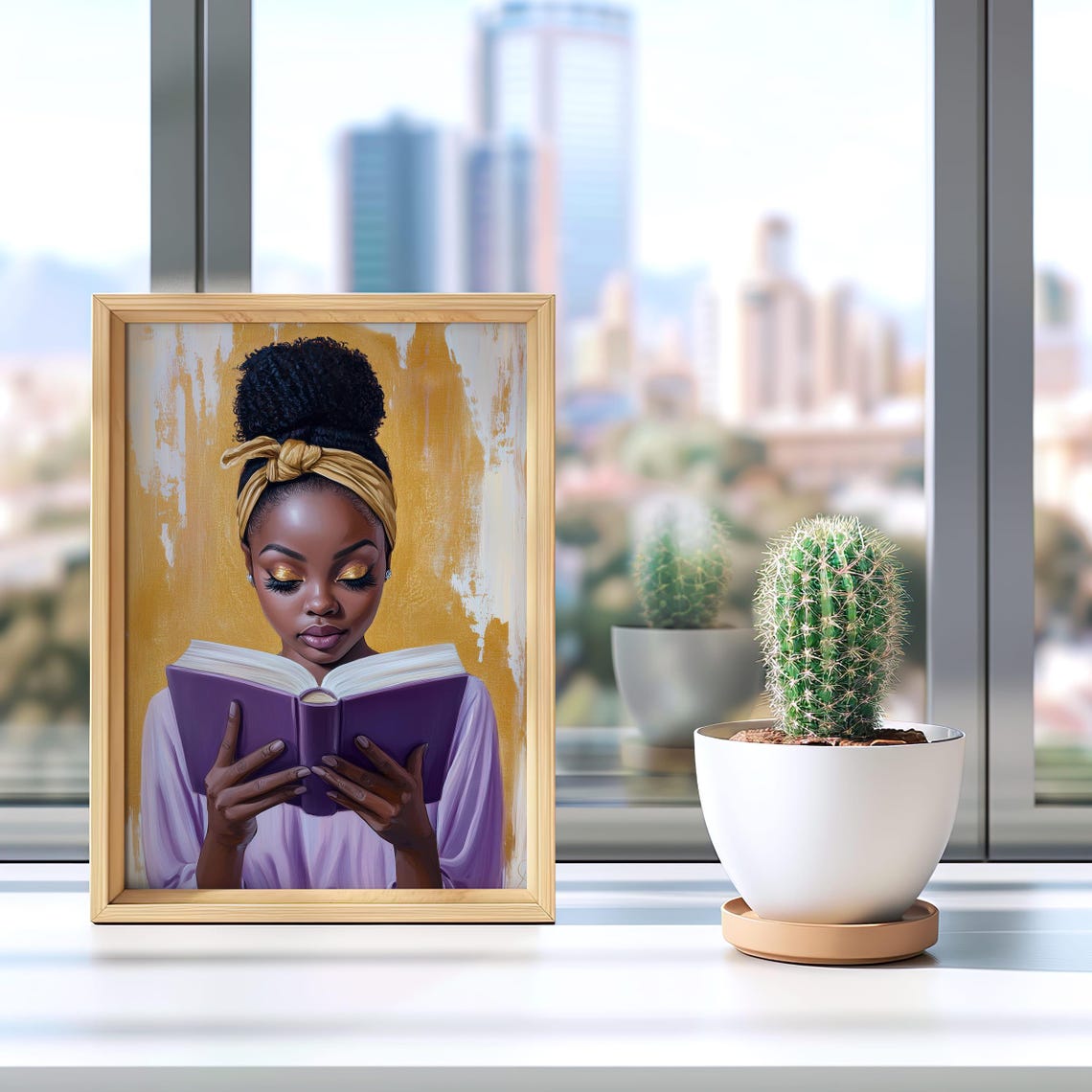Black Woman Reading Purple Book Golden Background Art Poster - Image 2
