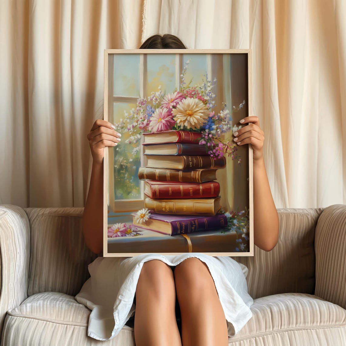 Vintage Books Stack With Flowers Window Literary Decor Poster - Image 2