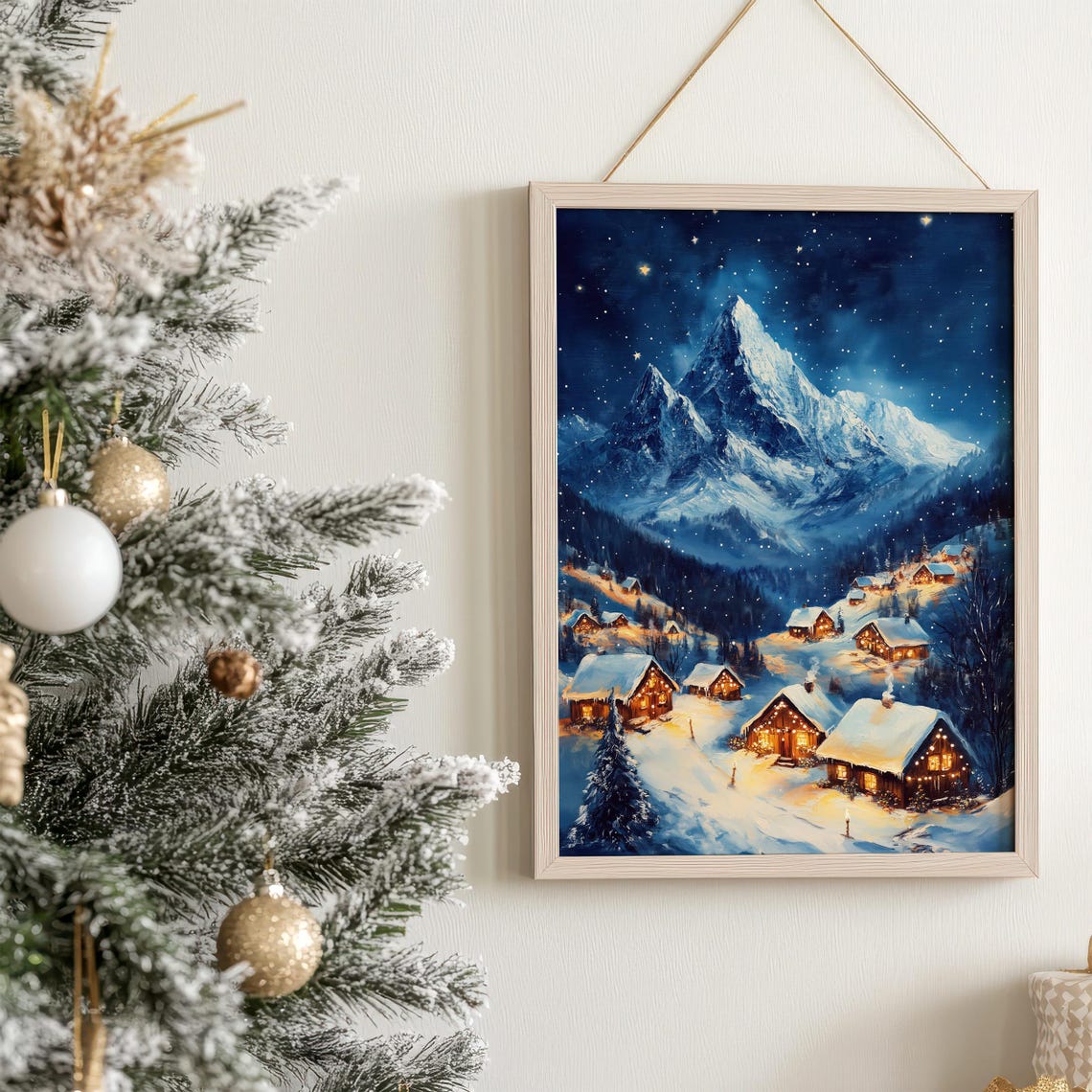 Starry Night Snowy Village Beneath Towering Mountain Peaks Poster - Image 2
