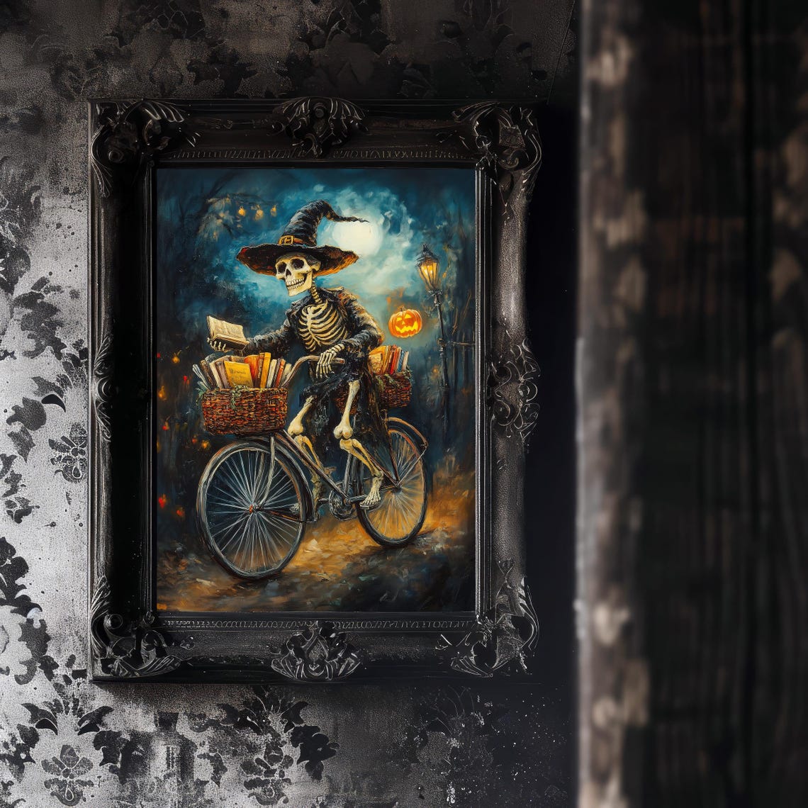 Skeleton Witch Riding Bicycle With Books On Halloween Night Poster - Image 6