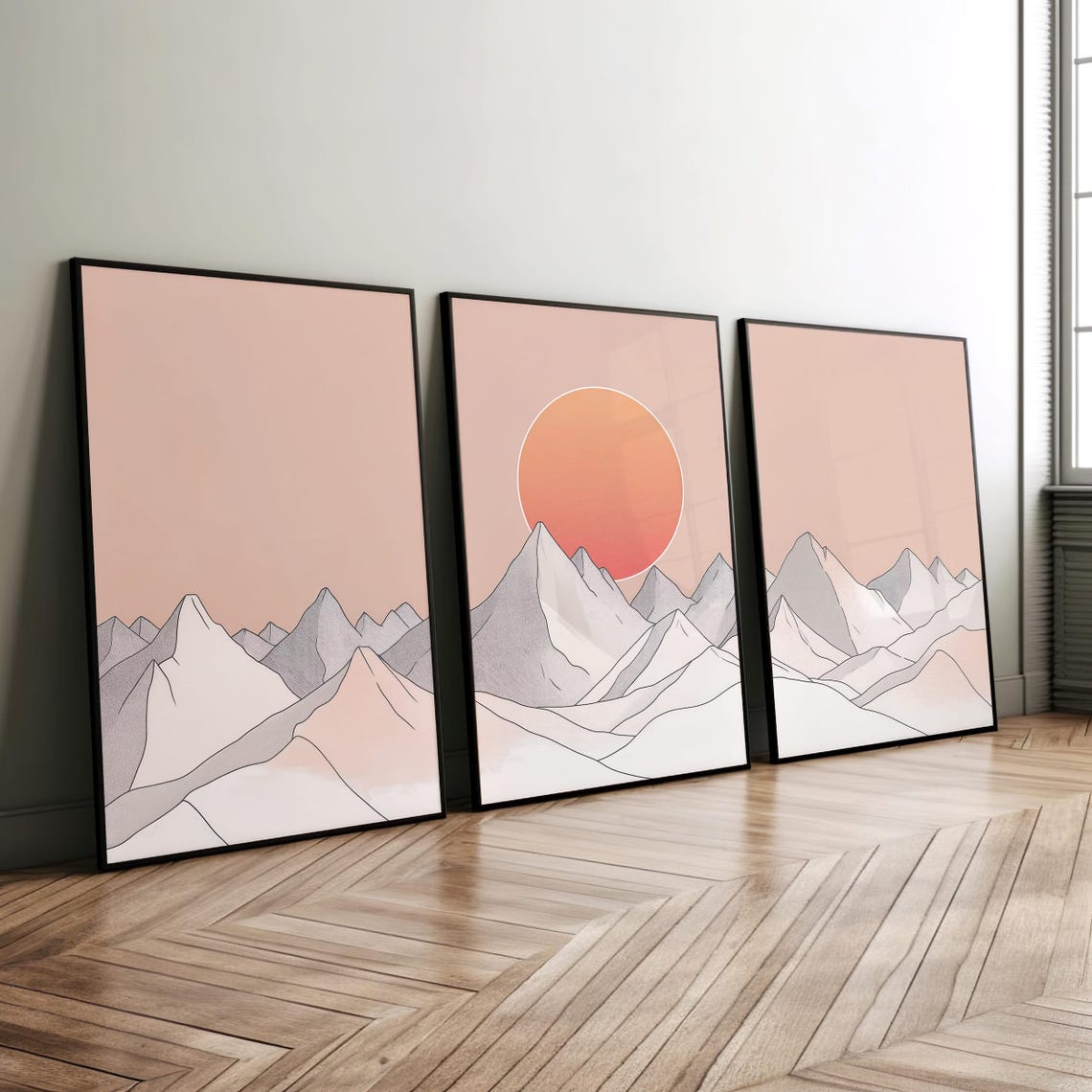 Set of Three Minimalist Line Mountain Art with Blush Sunset Poster - Image 8