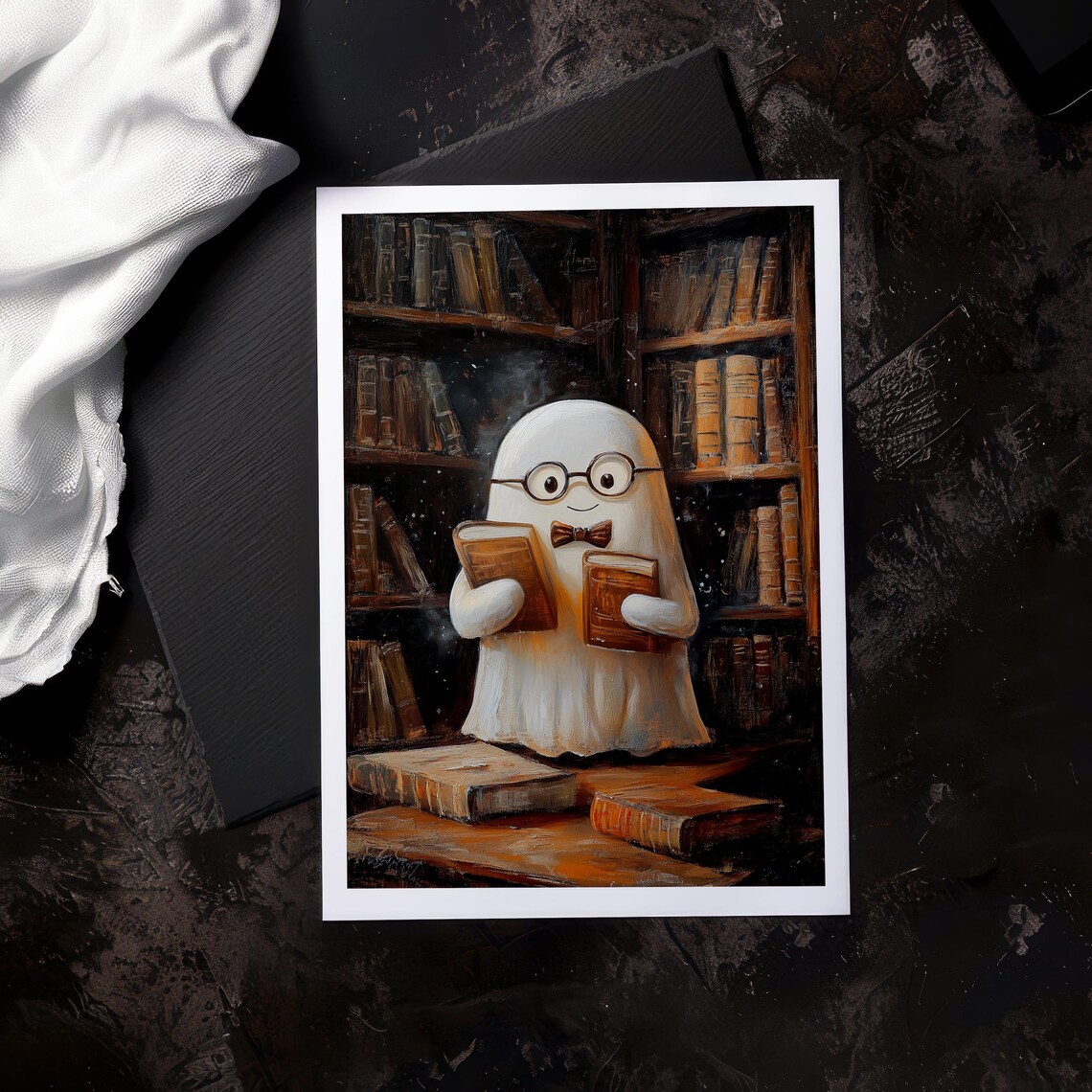 Library Ghost Art Print Cute Bookish Halloween Decor Spooky Ghost Reading Wall Art Cozy Print - Image 6